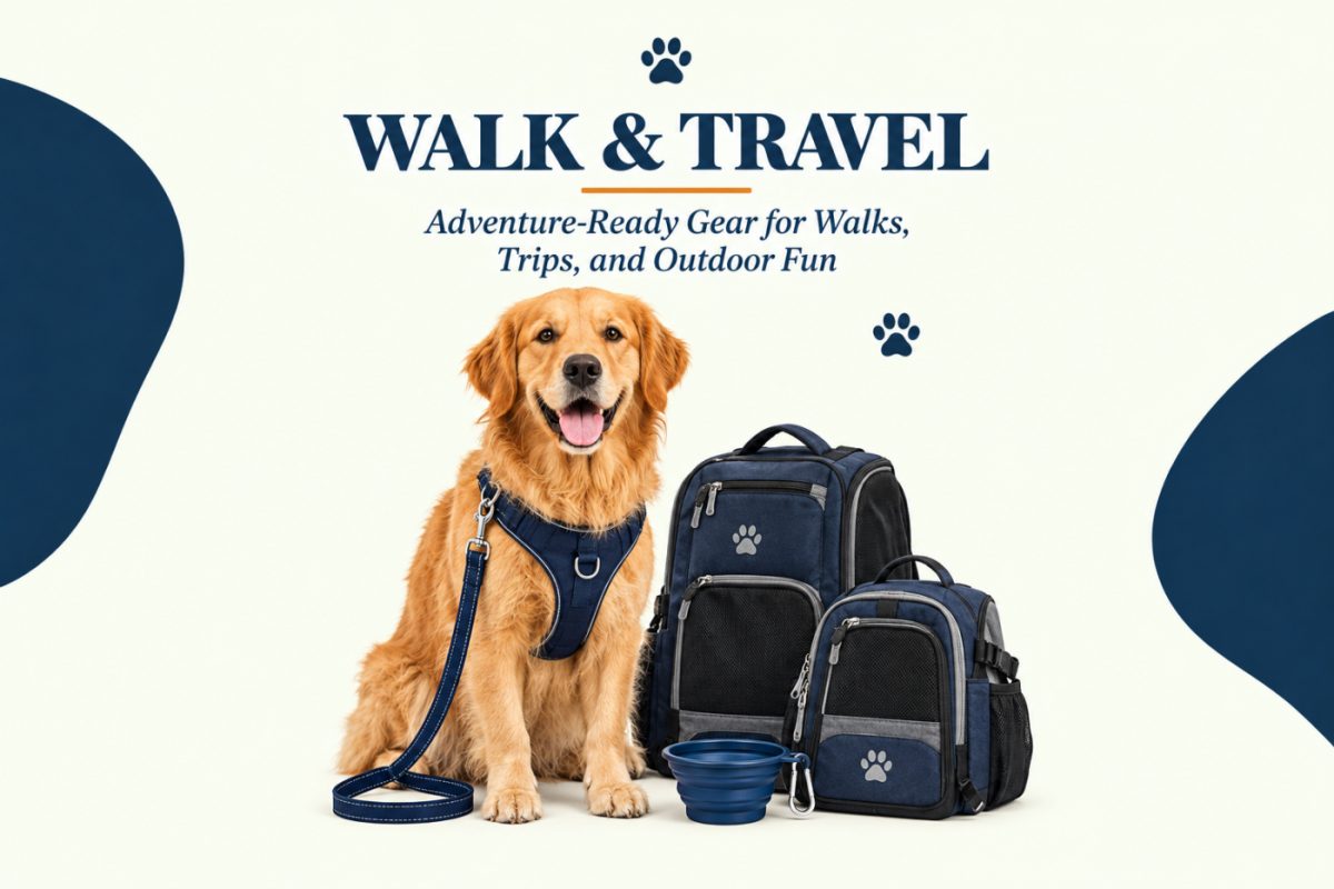 Walk & Travel pet banner with dog in harness and travel gear, matching the brand's navy and cream style